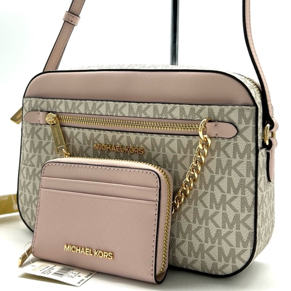 Michael Kors Monogram Beige and Pink Crossbody Bag